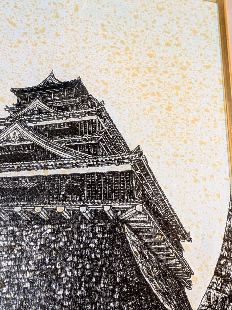 W*o様 熊本城の絵画 油絵・ 金色装飾フレーム付き