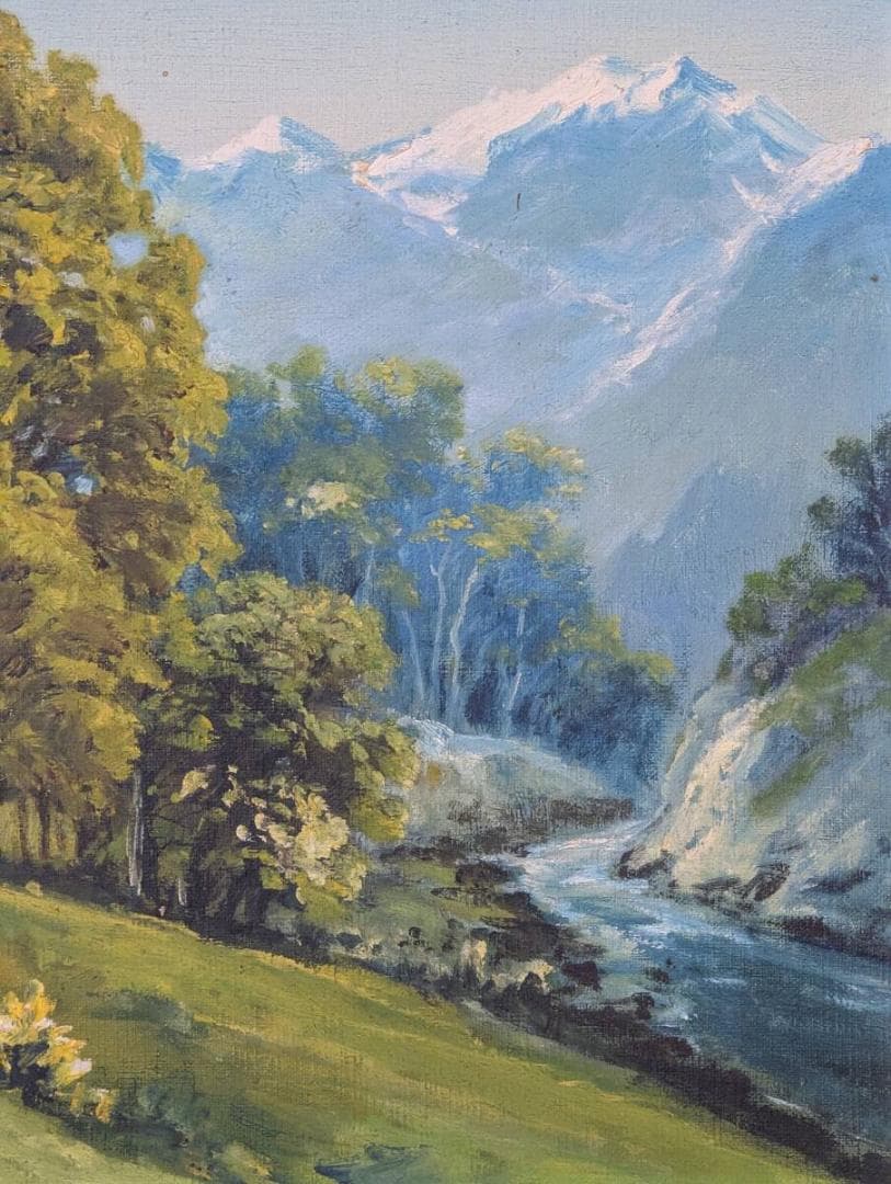 【真作】絵画　会津風景　油彩画　清流と木立の情景　額装　Z143