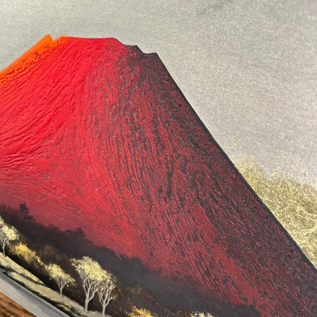 美品 下川立夏「赤富士」朱映富嶽 日本画 肉筆画 署名落款有り 共シール有り