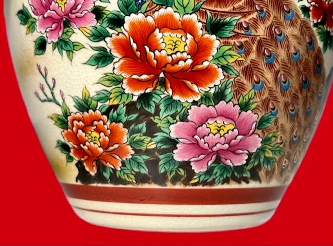 九谷焼 壺 「栄利」19.6x18cm 美品 送料込 手描き孔雀花瓶 陶器製