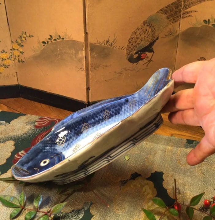 A584 古伊万里　元禄　染付　金彩　鯛皿　変形魚皿　　　1客