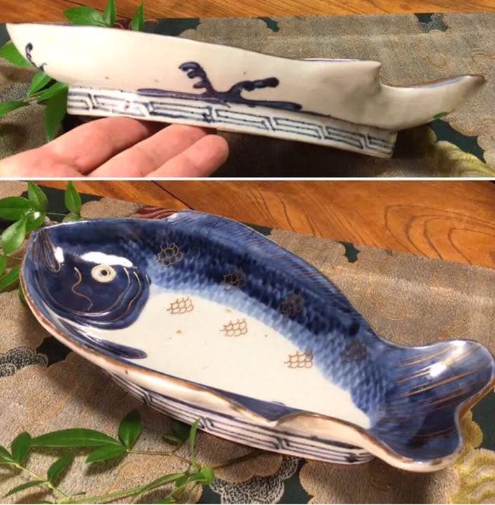 A584 古伊万里　元禄　染付　金彩　鯛皿　変形魚皿　　　1客