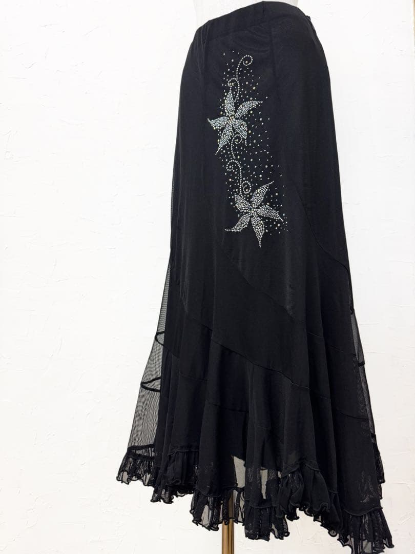 【花ラインストーン】新品　パーティー　社交ダンスロングスカート 黒ｂ1622
