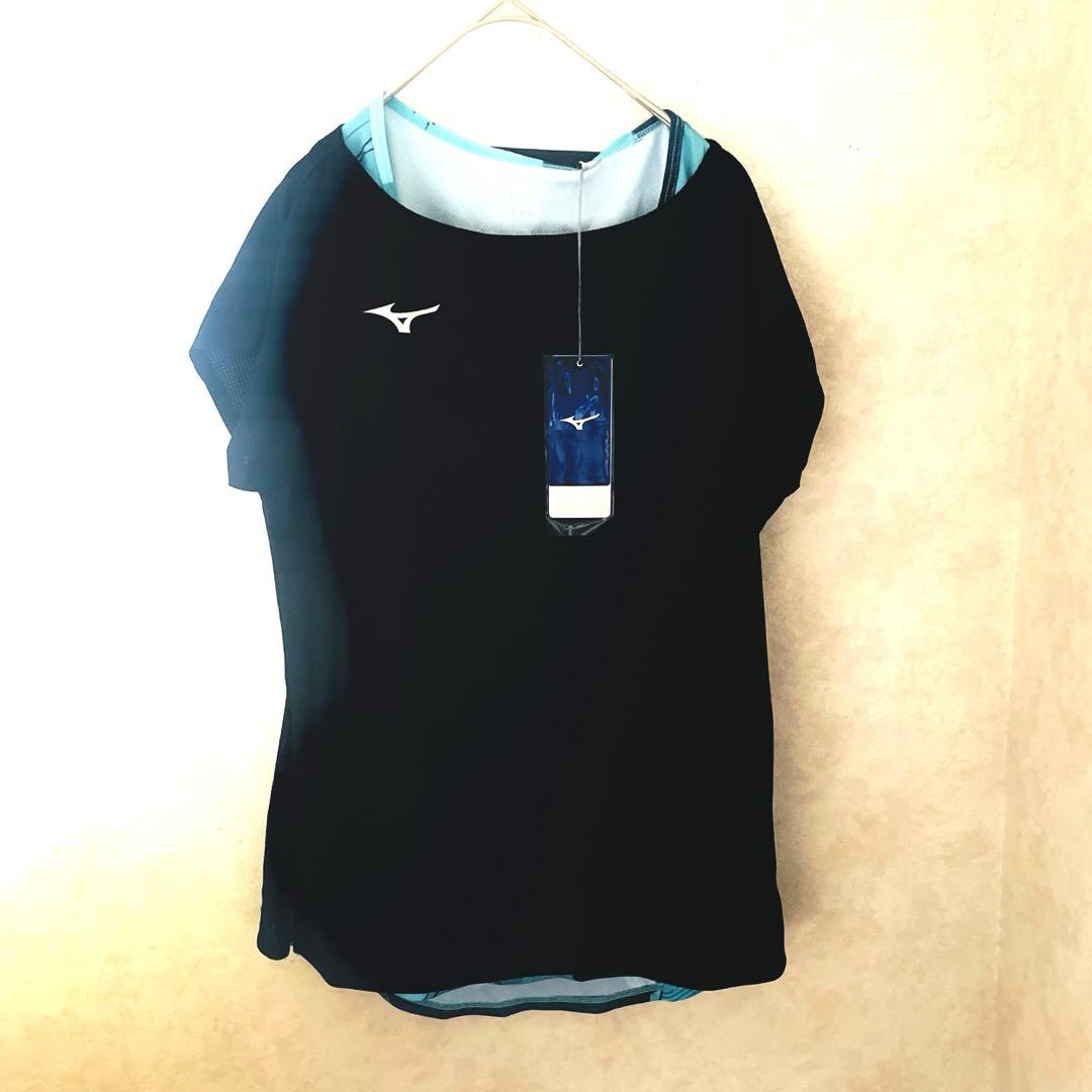 未使用タグつきMizuno ブラックブルー テニスバドミントンレディースLシャツ