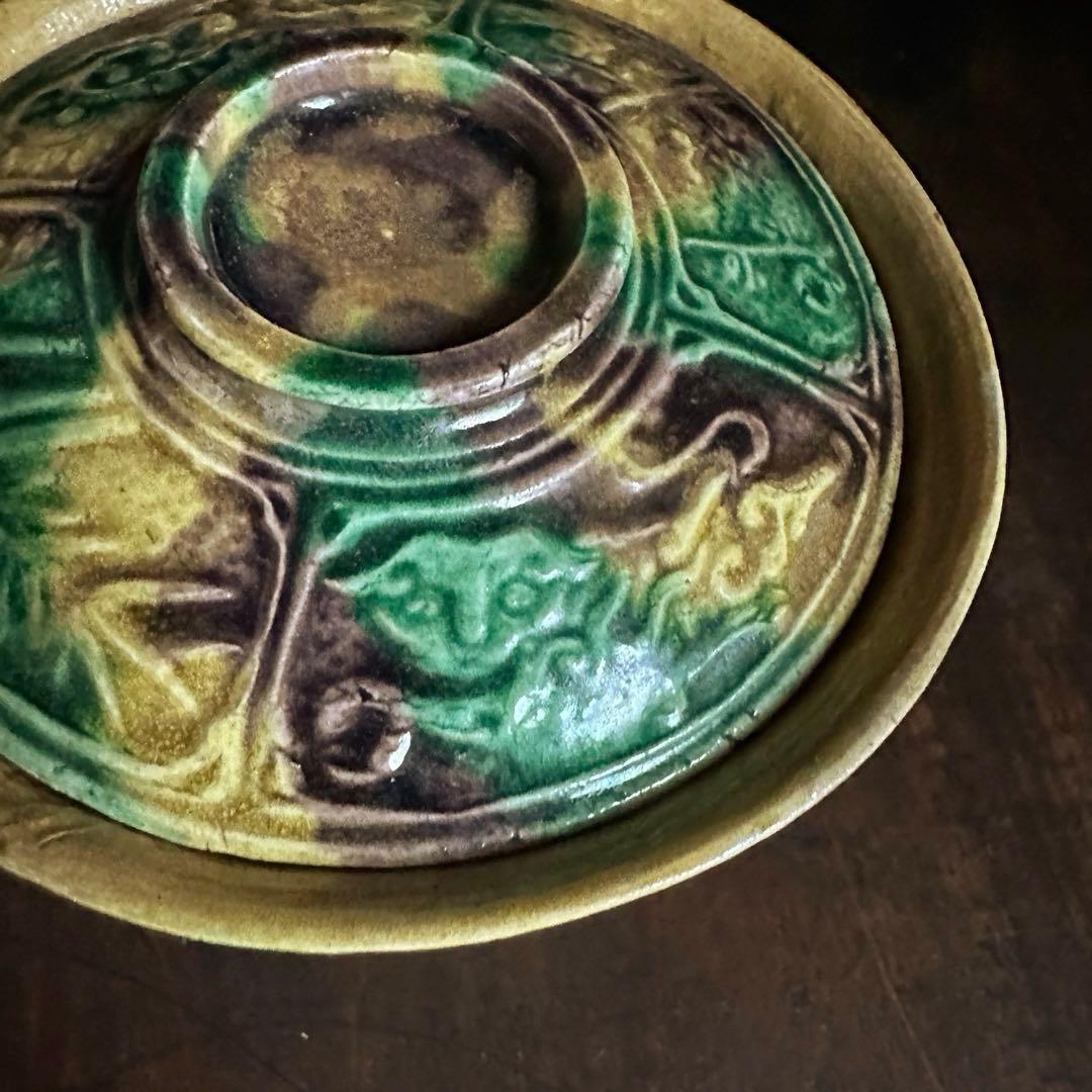 【レア！】 珉平焼 三彩 蓋碗 蓋茶碗 龍獅子陽刻 E