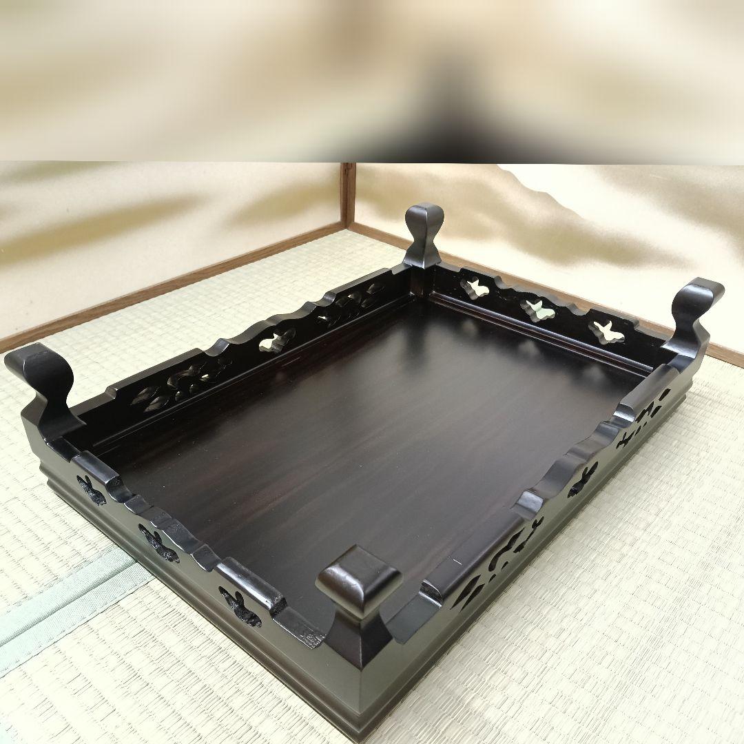 AK72 黒檀 黒丹 平卓 松透し彫り 花台 香炉台 盆栽台 飾り台箱入 未使用