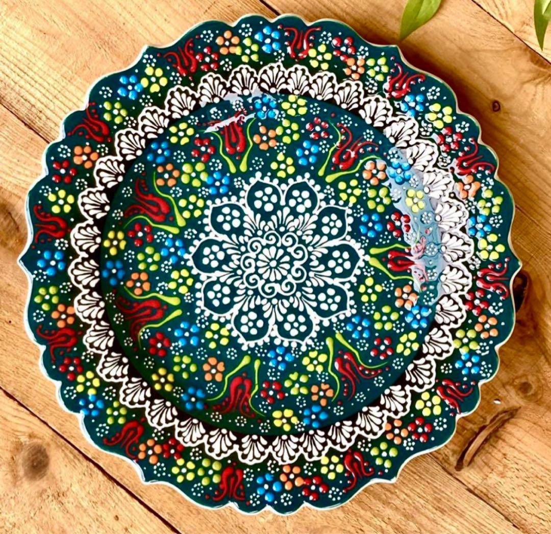 27cm☆新品☆【トルコ】手描き 大皿 壁掛け ＊グリーン＊ キュタフヤ陶器 ＊