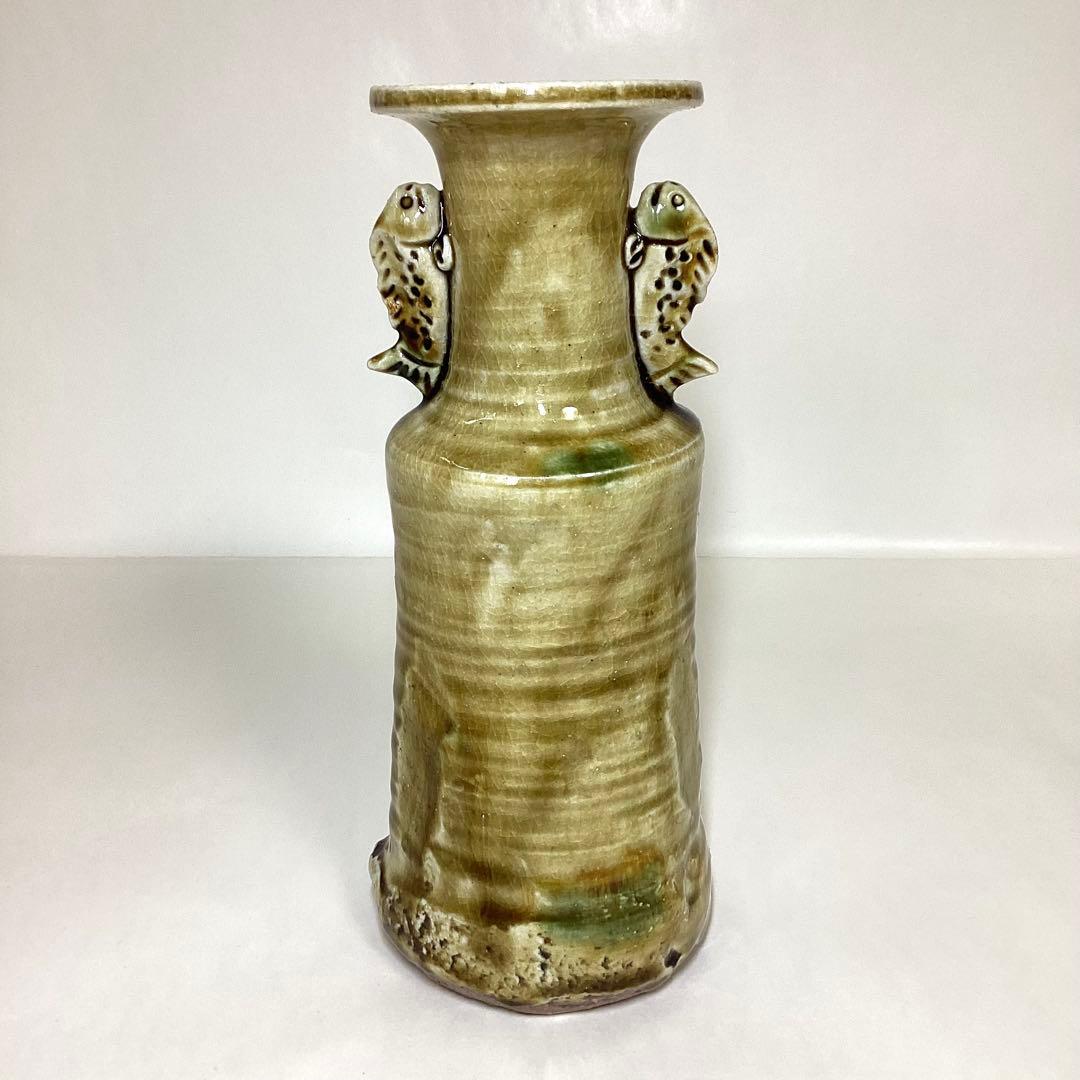 花入 黄瀬戸 魚耳付 山口錠鉄 木箱入 茶道具 古物品