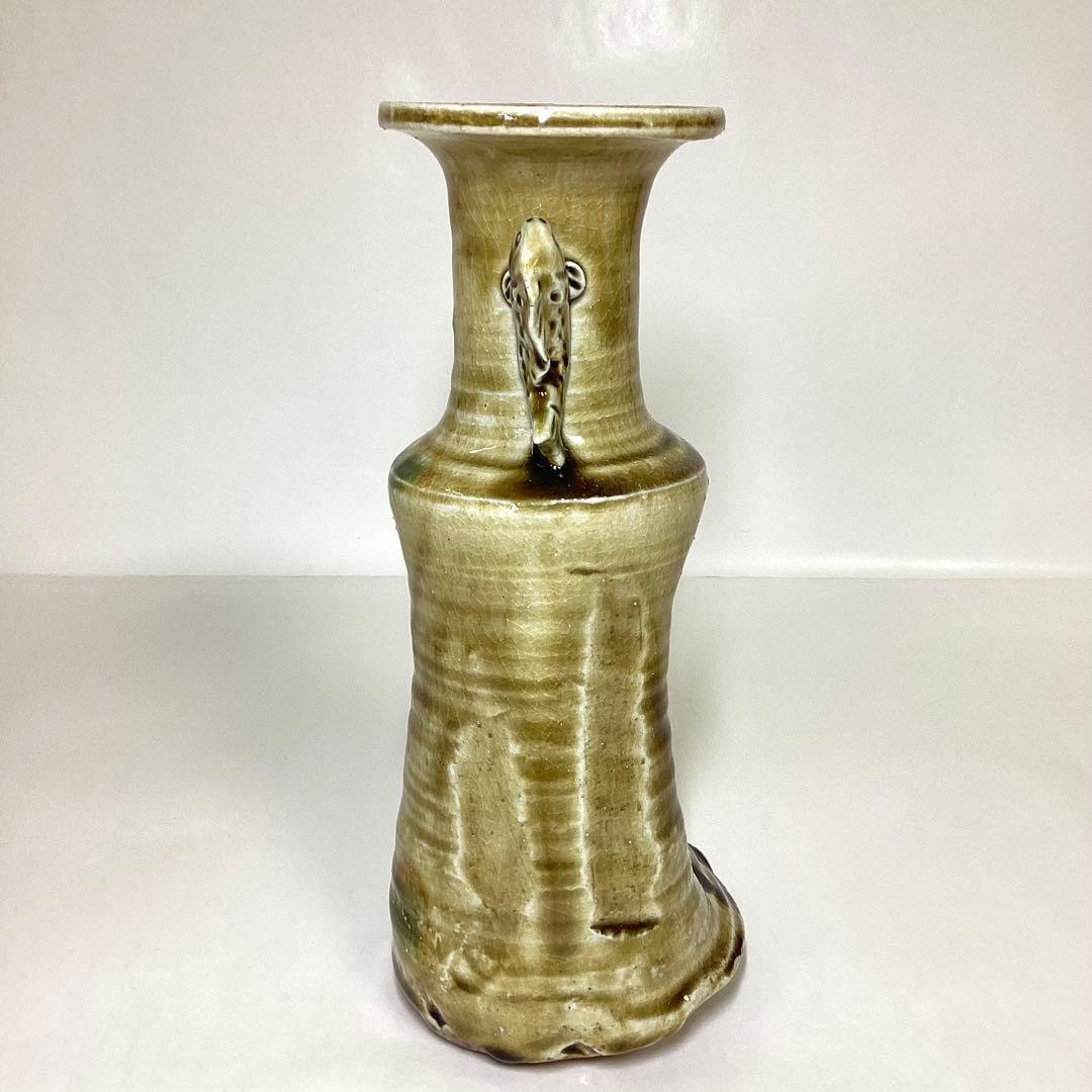 花入 黄瀬戸 魚耳付 山口錠鉄 木箱入 茶道具 古物品