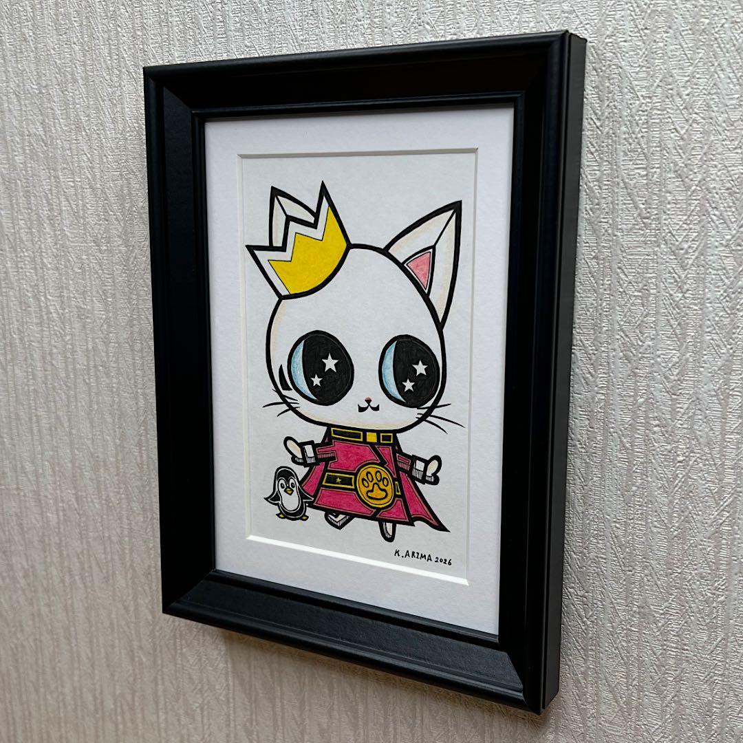 動物 原画 絵 手描き 癒し 猫 アート 一点物 額縁付『ピンク』