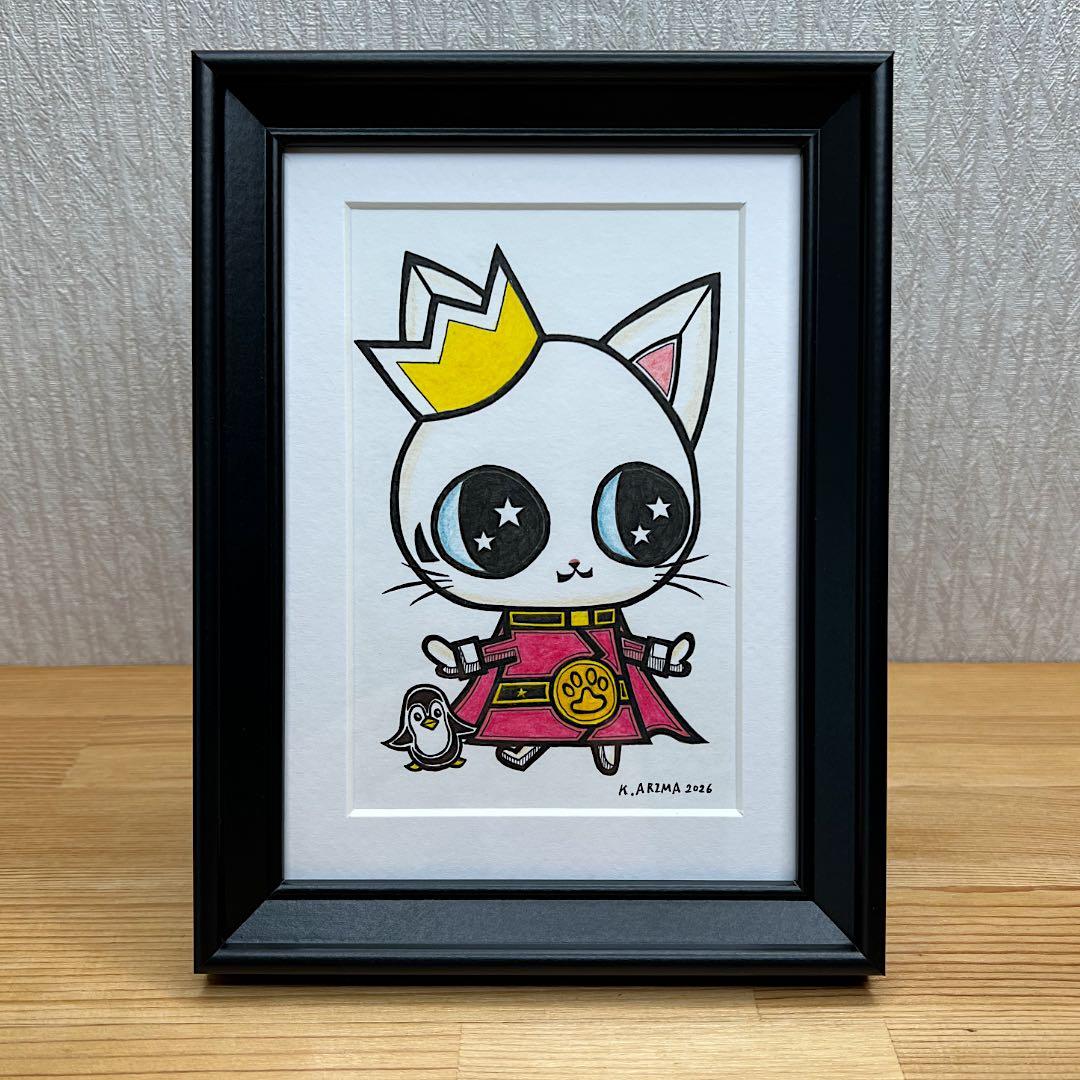 動物 原画 絵 手描き 癒し 猫 アート 一点物 額縁付『ピンク』