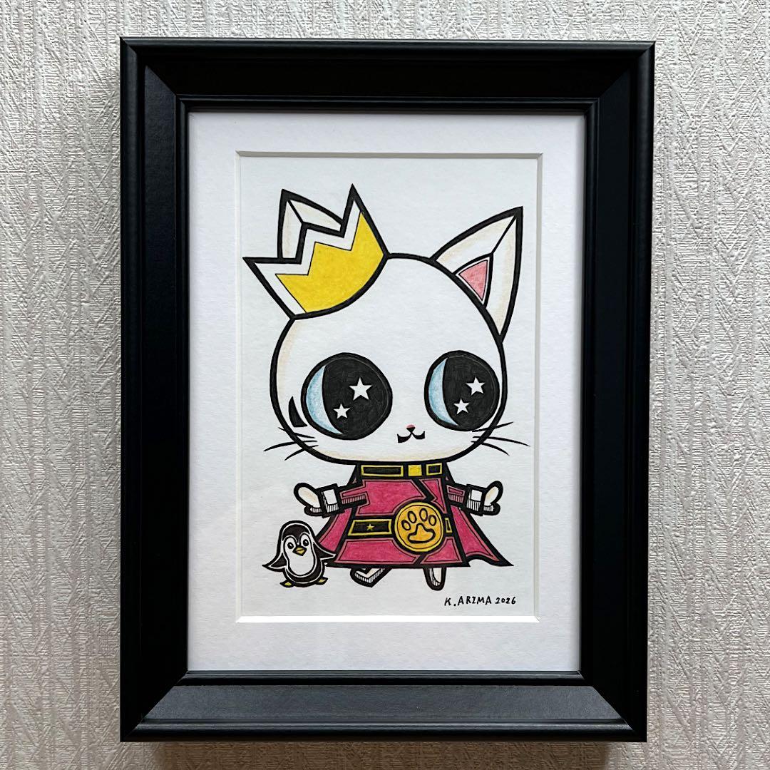 動物 原画 絵 手描き 癒し 猫 アート 一点物 額縁付『ピンク』