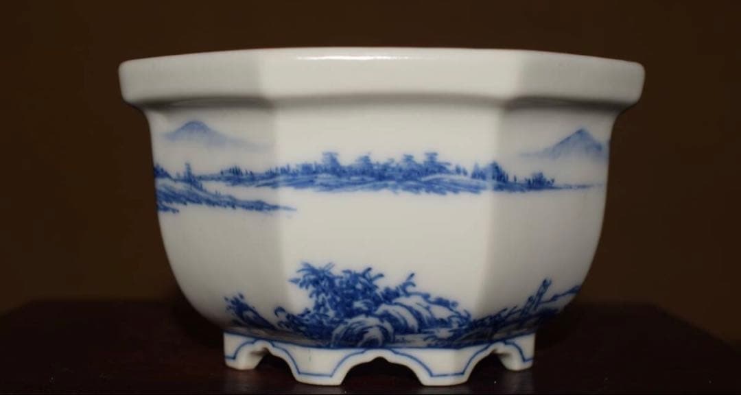 希少 陶雀作 染付山水図 外縁六角盆栽鉢 時代物 無傷美品 約11.3cm
