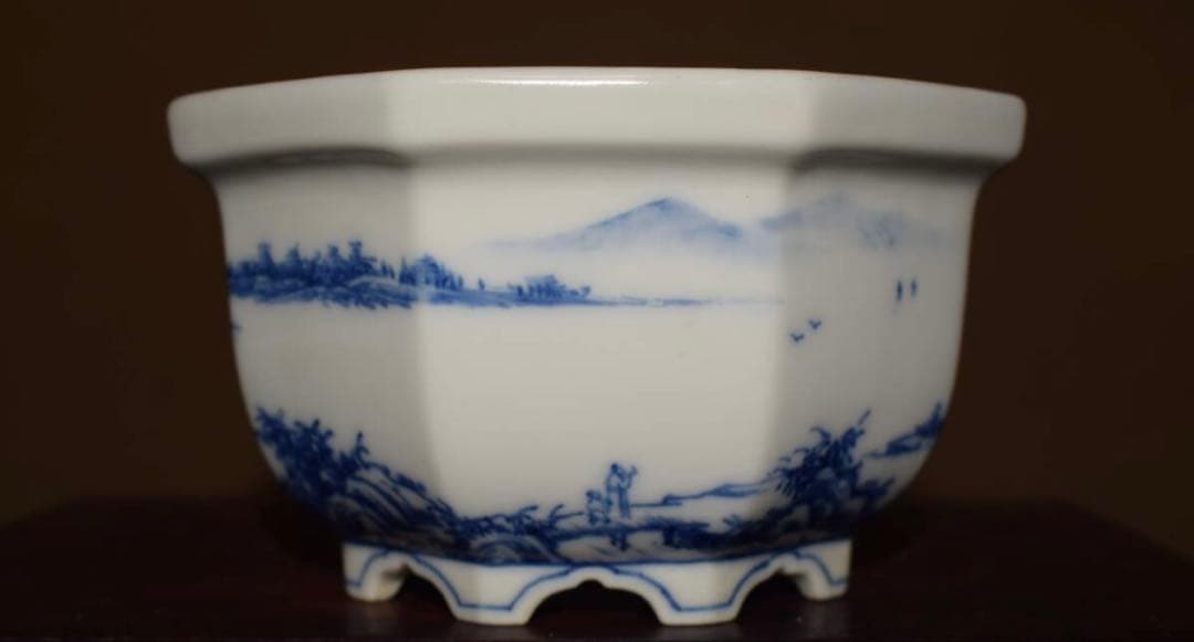 希少 陶雀作 染付山水図 外縁六角盆栽鉢 時代物 無傷美品 約11.3cm