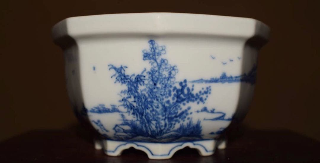 希少 陶雀作 染付山水図 外縁六角盆栽鉢 時代物 無傷美品 約11.3cm