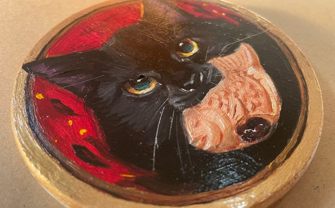 (ご依頼作品)鯛焼きを咥えた猫　油絵　原画　ミニ絵画　オリジナル　手描き