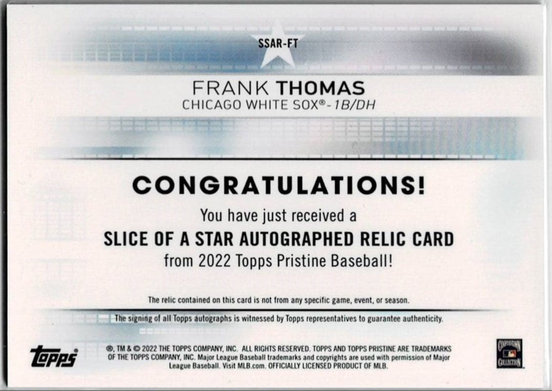 MLB殿堂☆フランク・トーマス 22 Topps 直筆サインジャージカード
