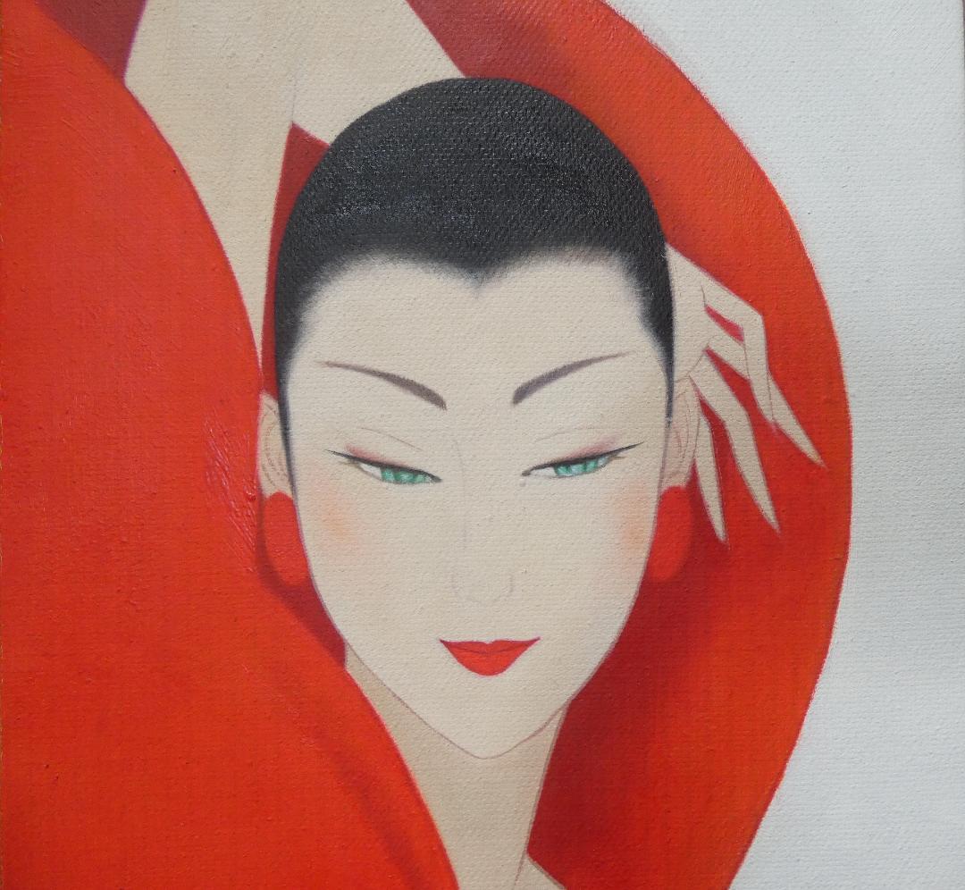 絵画 人物 鶴田一郎「赤美人」 サイン 額装済み 肉筆手描き F6
