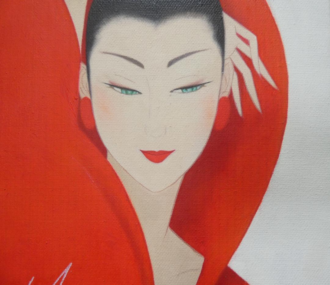 絵画 人物 鶴田一郎「赤美人」 サイン 額装済み 肉筆手描き F6