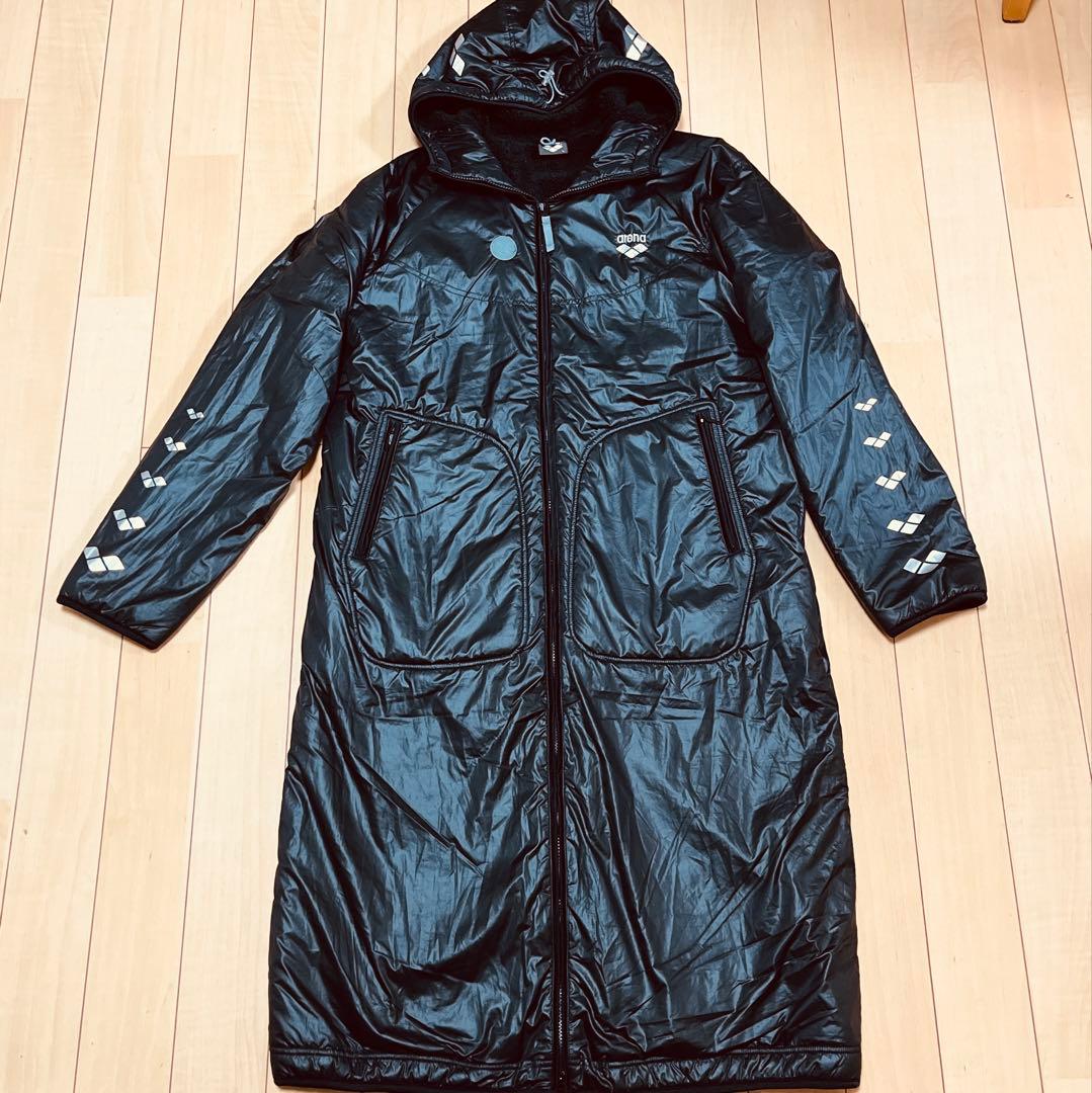 アリーナ arena フード付 ベンチコート L ボア 黒 水泳 競泳 防寒