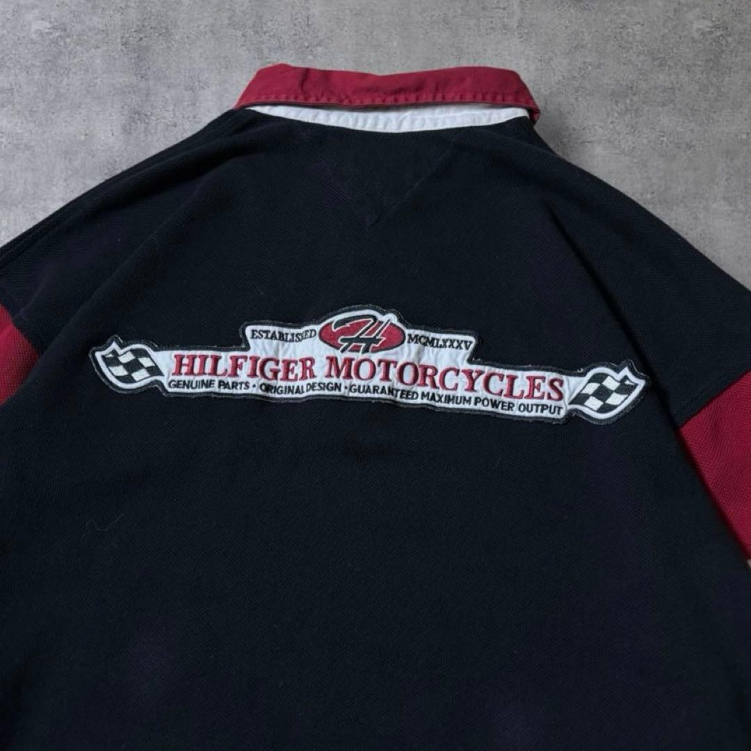 古着トミーヒルフィガーラガーシャツ長袖ポロシャツ90sモーターサイクル黒ブラック
