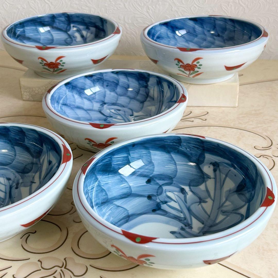 有田焼　赤絵かぶら　中鉢揃　5枚セット　多用鉢　煮物鉢　浅丼ぶり　染付蕪　和柄