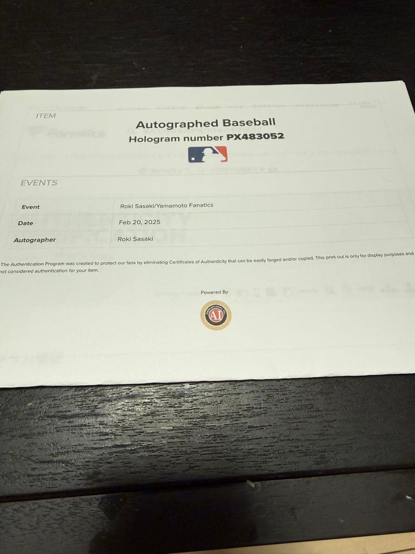 佐々木朗希直筆サインボール MLB& FANATICSホログラム認証シール付き