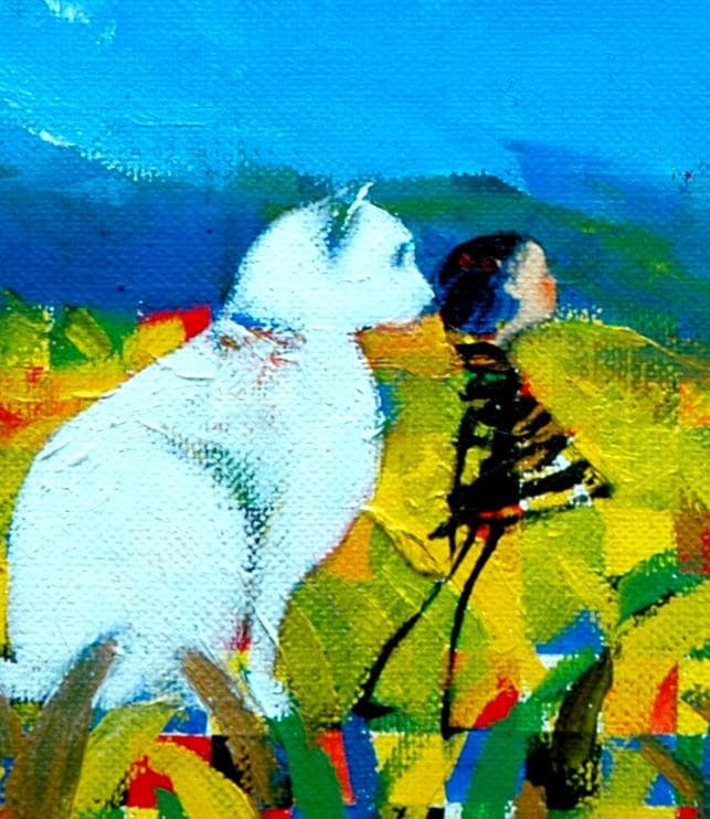 油絵菅家令子絵 絵画インテリア額付(青緑＋金色の枠)F4-072119子犬猫女子