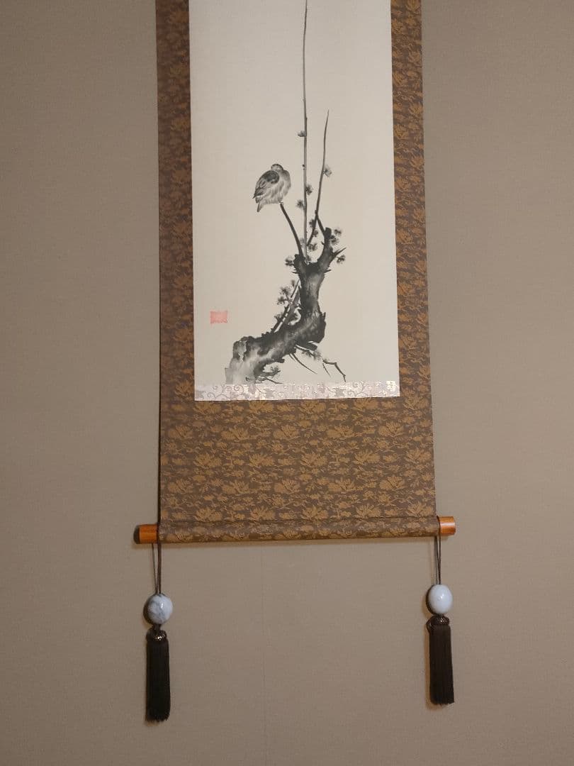 掛軸 宮本武蔵 複製墨絵 紅梅鳩図