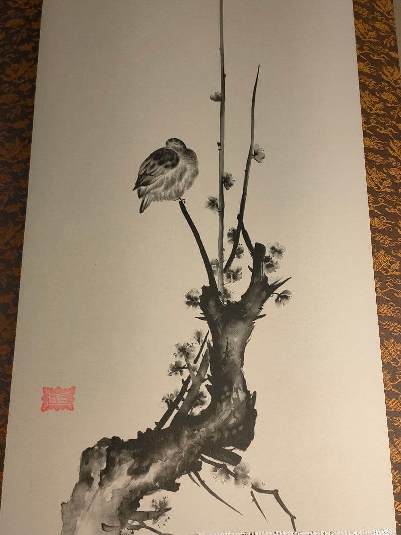 掛軸 宮本武蔵 複製墨絵 紅梅鳩図