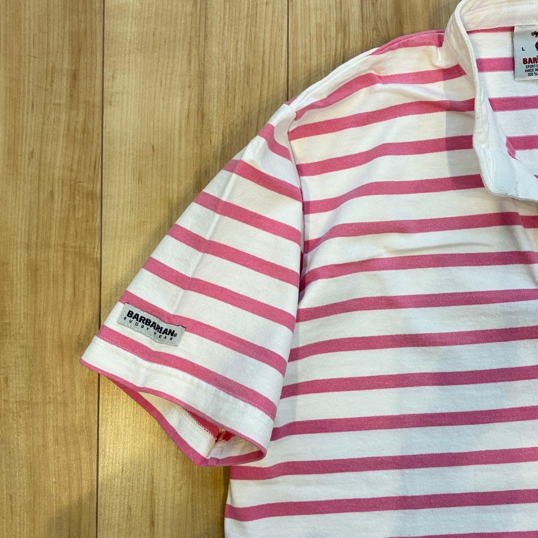 【美品】バーバリアン ラガーシャツ カナダ製 ピンク ボーダー クリーニング済L