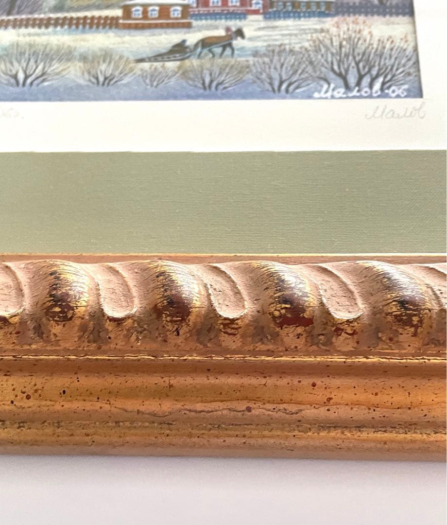 冬の風景 水彩画 金色フレーム付き　正教会　馬橇