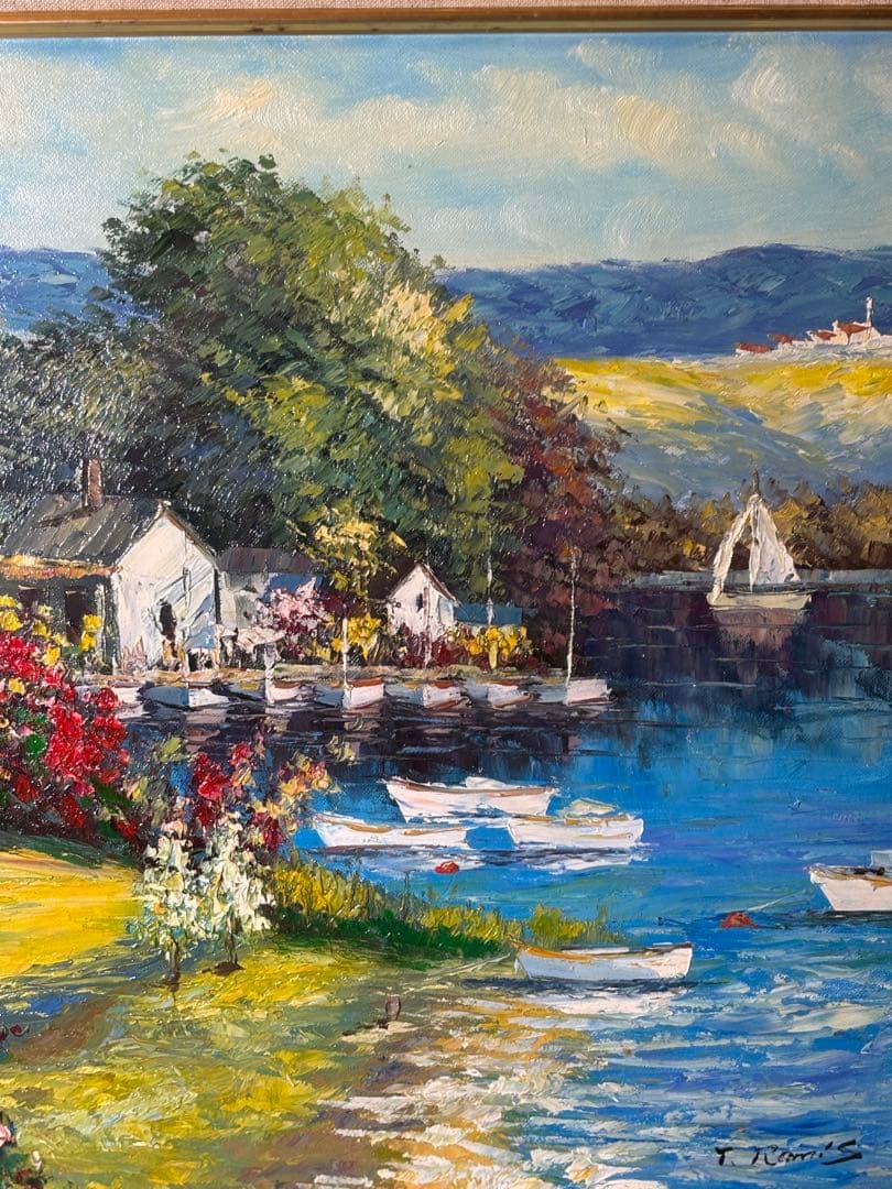 真作テリィーラミス フランスの人女な港 風景画 油彩画 T. Johnson