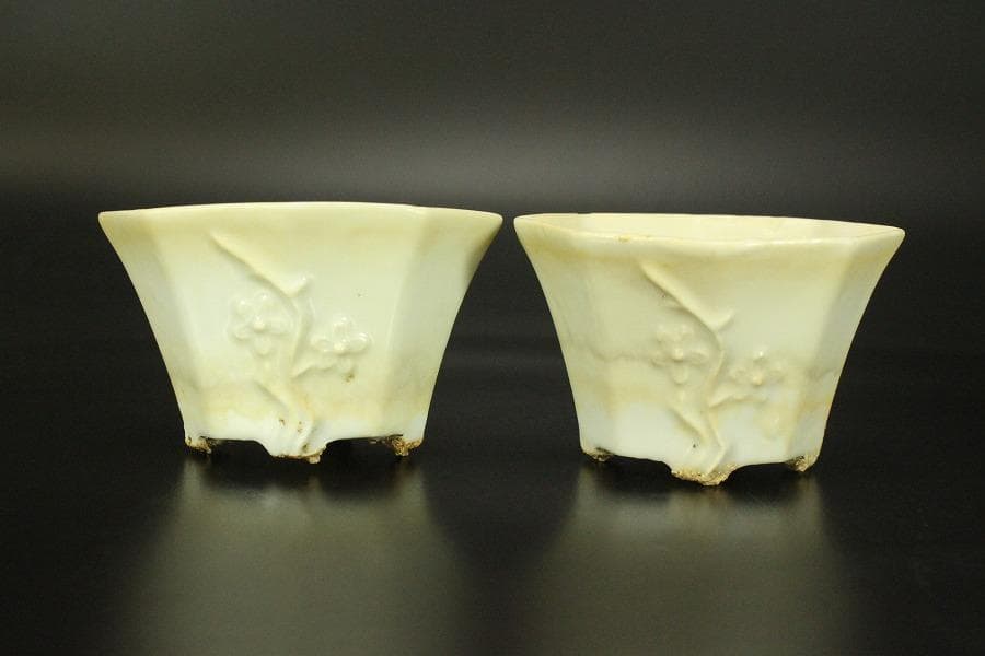 中国美術 白磁 梅花紋 八方 碗 一対 煎茶(HA500)