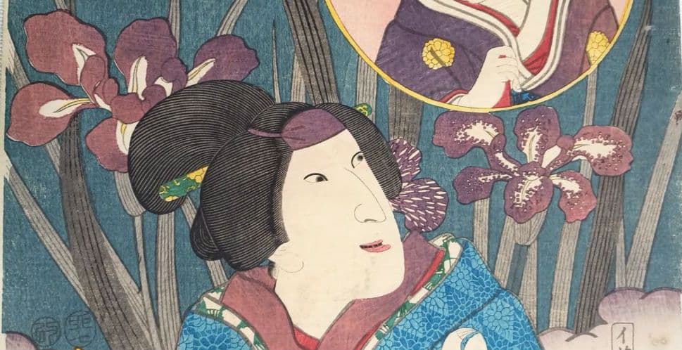 浮世絵版画、今昔児手柏七（召仕おはつ、尾のへ)三代歌川豊国（国貞)画安政2年出版