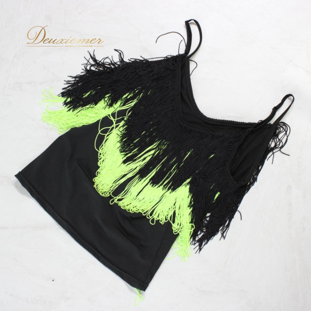 【美品 社交ダンス衣装】上下セット レッスンウェア 練習着 ラテン 黒 黄緑