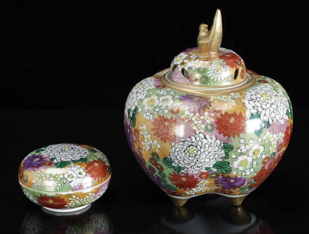 九谷焼 真山作 花詰百花文 香炉 香合セット 共箱 色絵金彩 三足香炉 茶道具