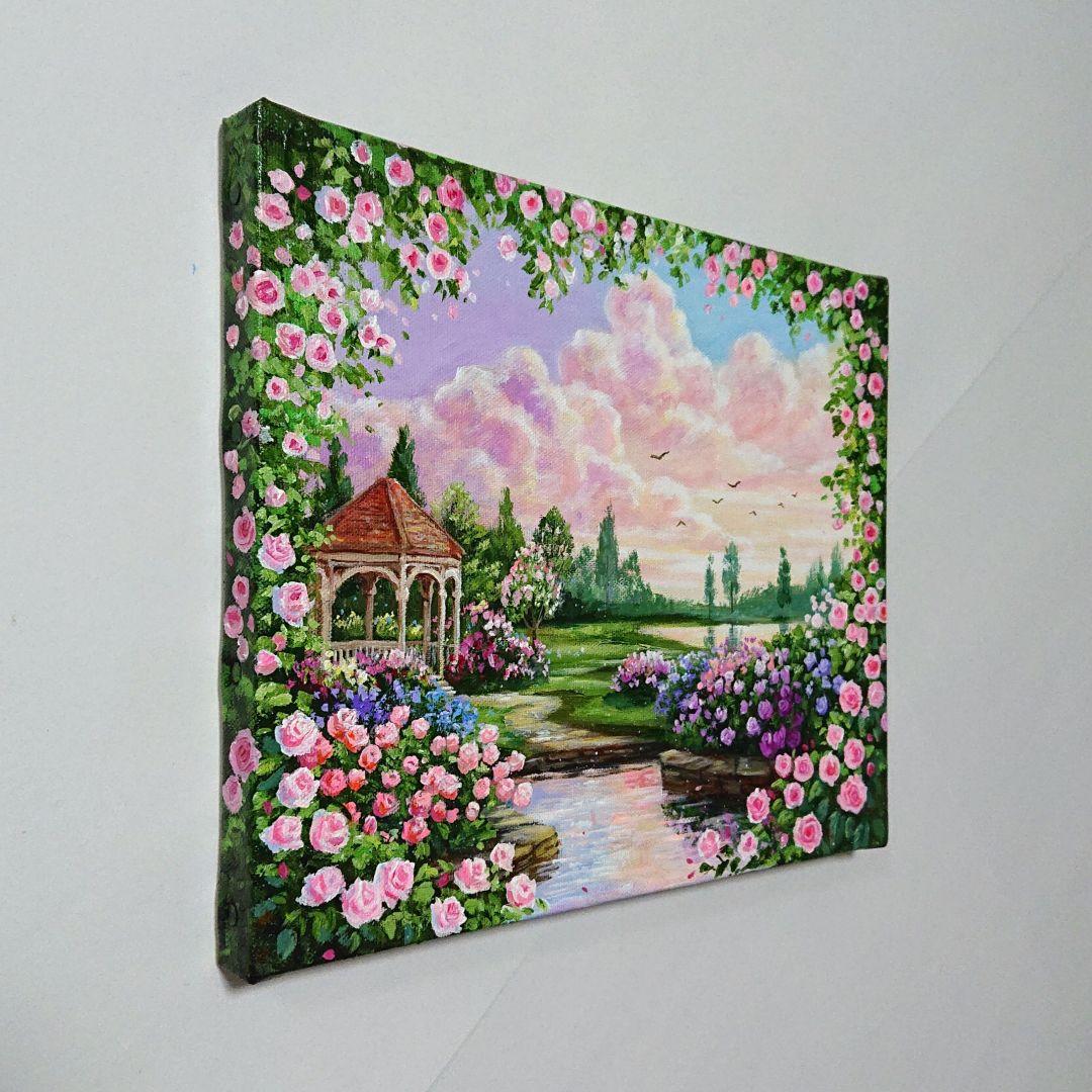 【バラのアーチ】アクリル画 F3 風景画 絵画