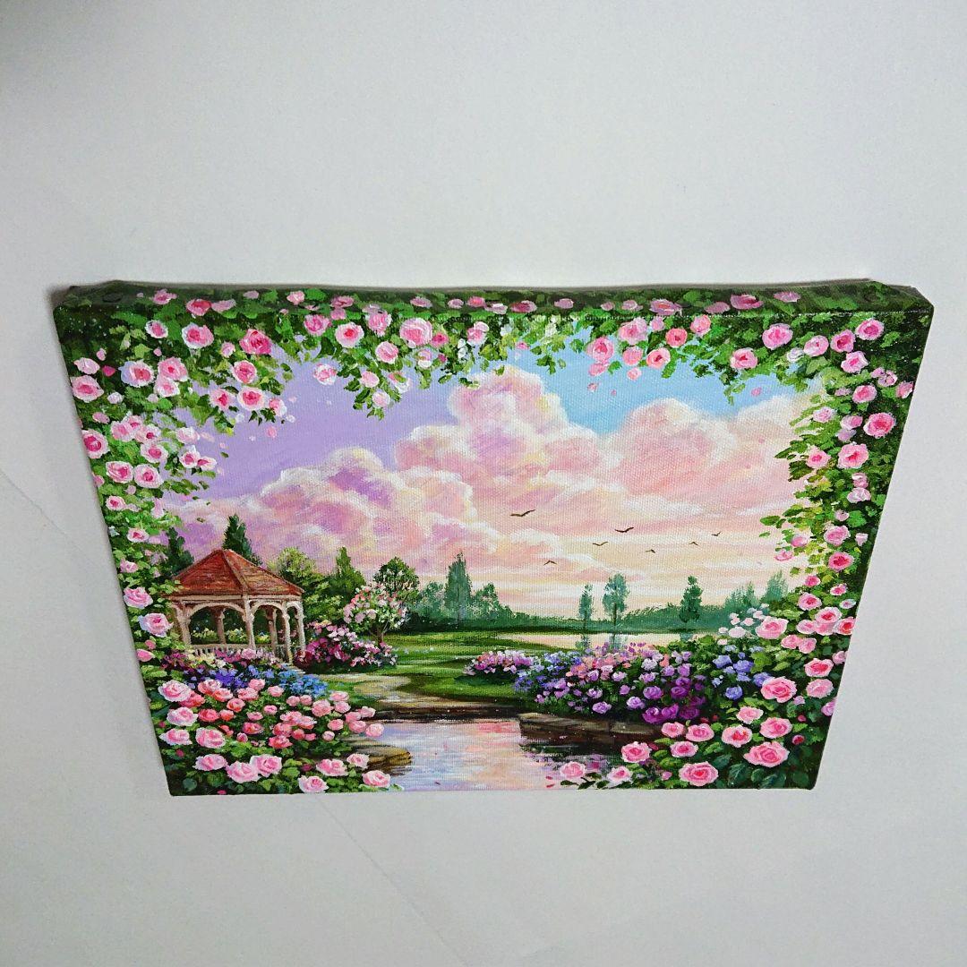 【バラのアーチ】アクリル画 F3 風景画 絵画