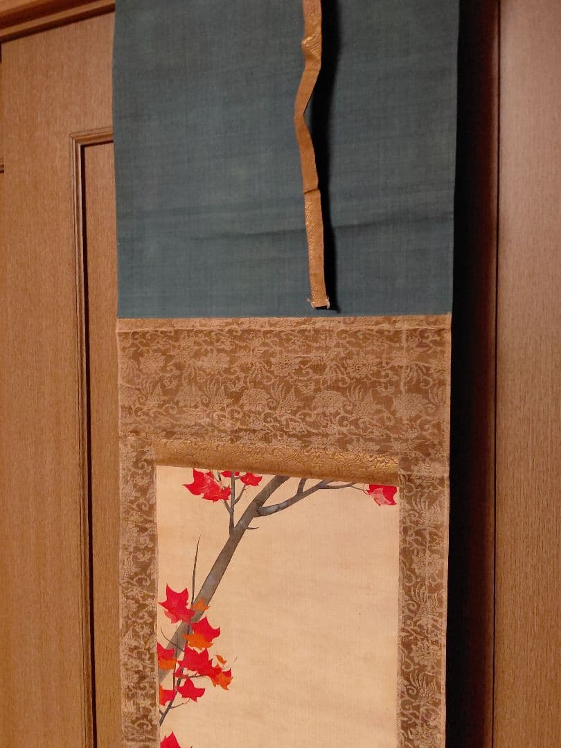 酒井抱一　紅葉とききよう　水彩掛軸　桐箱