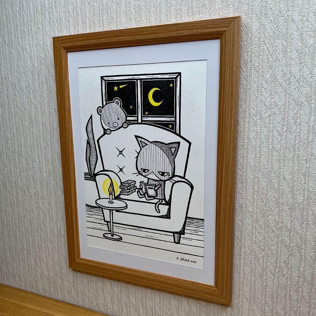 動物画 原画 絵 手描き 癒し 猫 くまさん 一点物 額縁付き『溶ける夜』