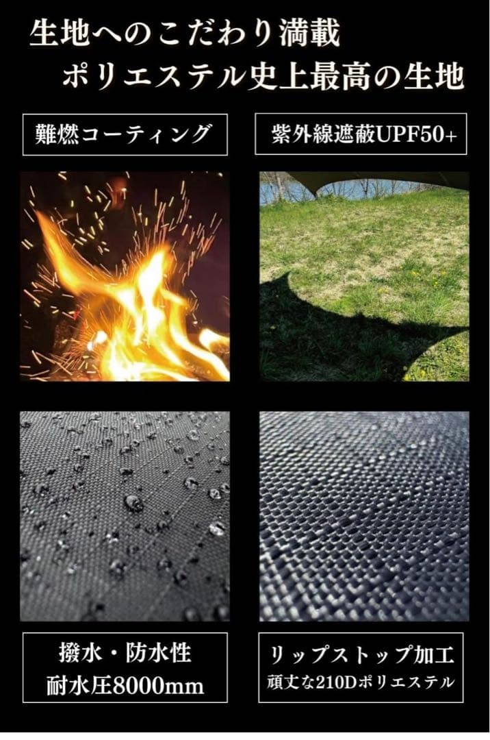 LUHANA タープ スクエア 難燃性 ブラックコーティング 耐水圧 4mx3m
