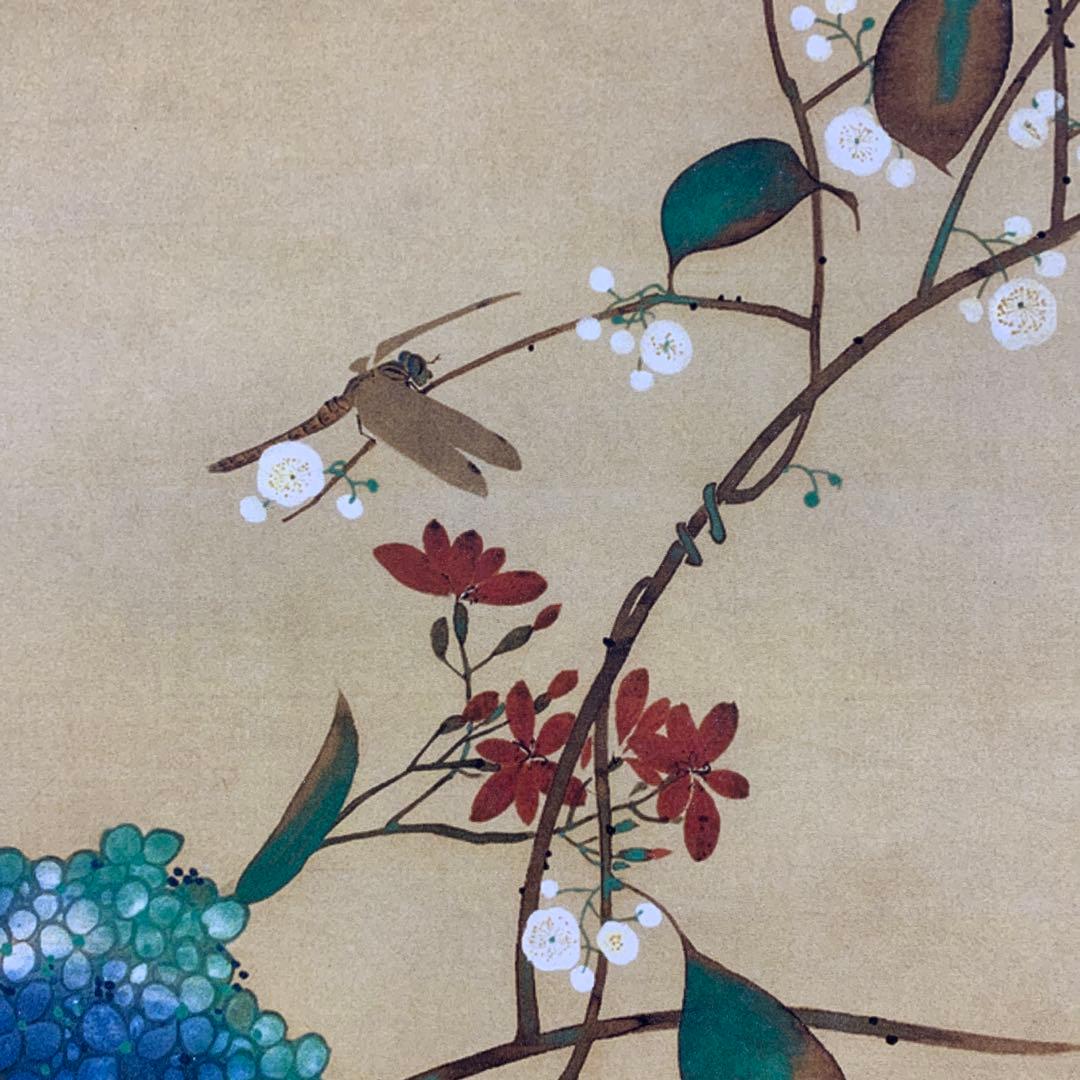 美品 掛け軸 酒井抱一筆「紫陽花に蜻蛉」十二ヶ月花鳥図 保証書付き