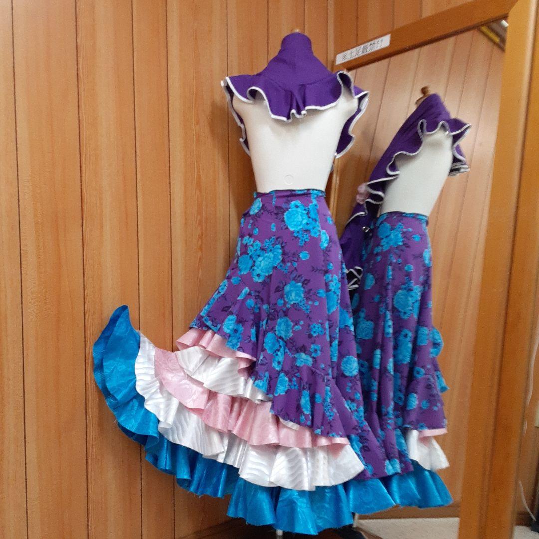 フラメンコ衣装　☆ファルダのみ　紫/青バラ柄シフォン生地　軽やか♡