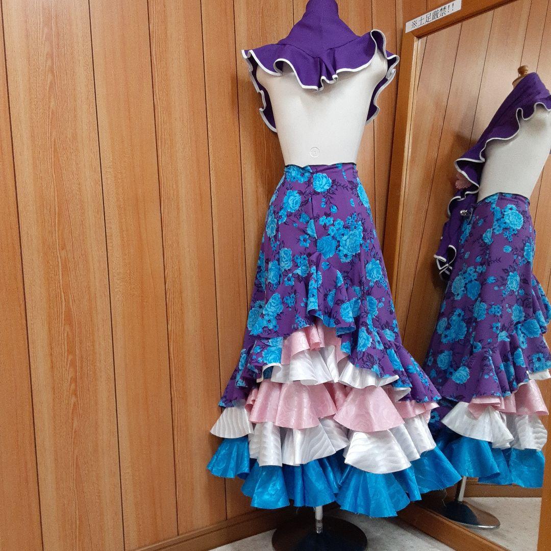 フラメンコ衣装　☆ファルダのみ　紫/青バラ柄シフォン生地　軽やか♡