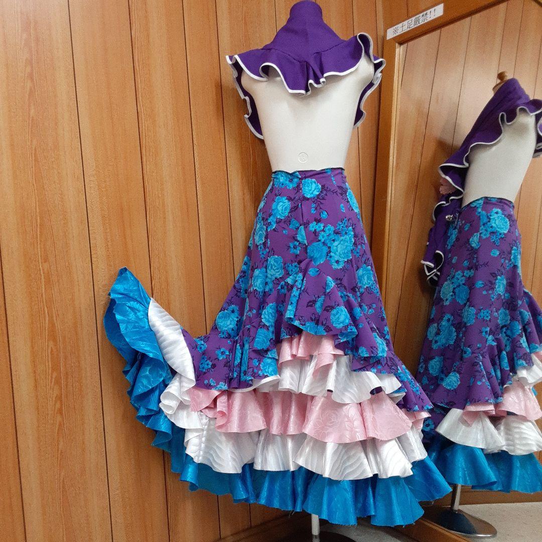 フラメンコ衣装　☆ファルダのみ　紫/青バラ柄シフォン生地　軽やか♡