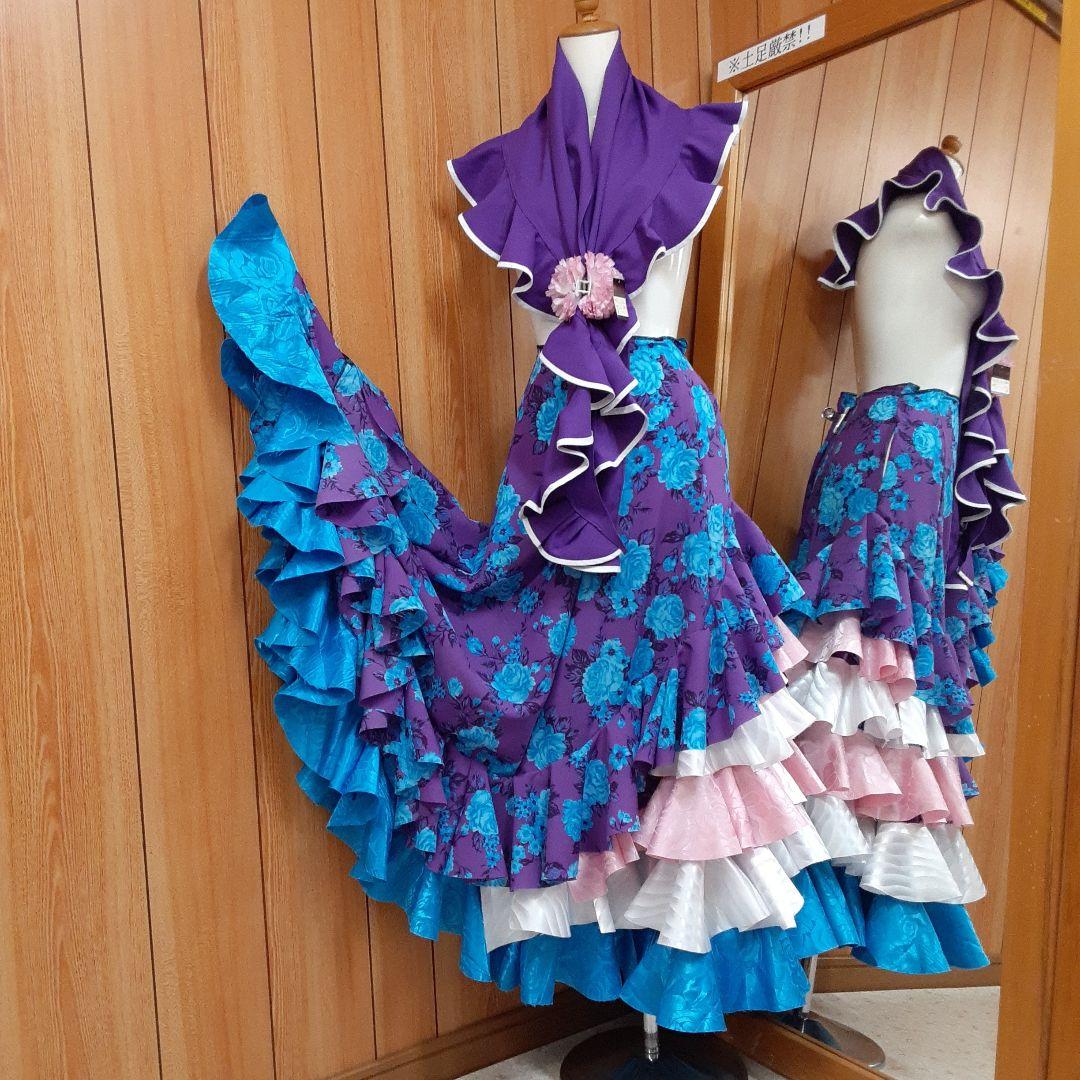 フラメンコ衣装　☆ファルダのみ　紫/青バラ柄シフォン生地　軽やか♡