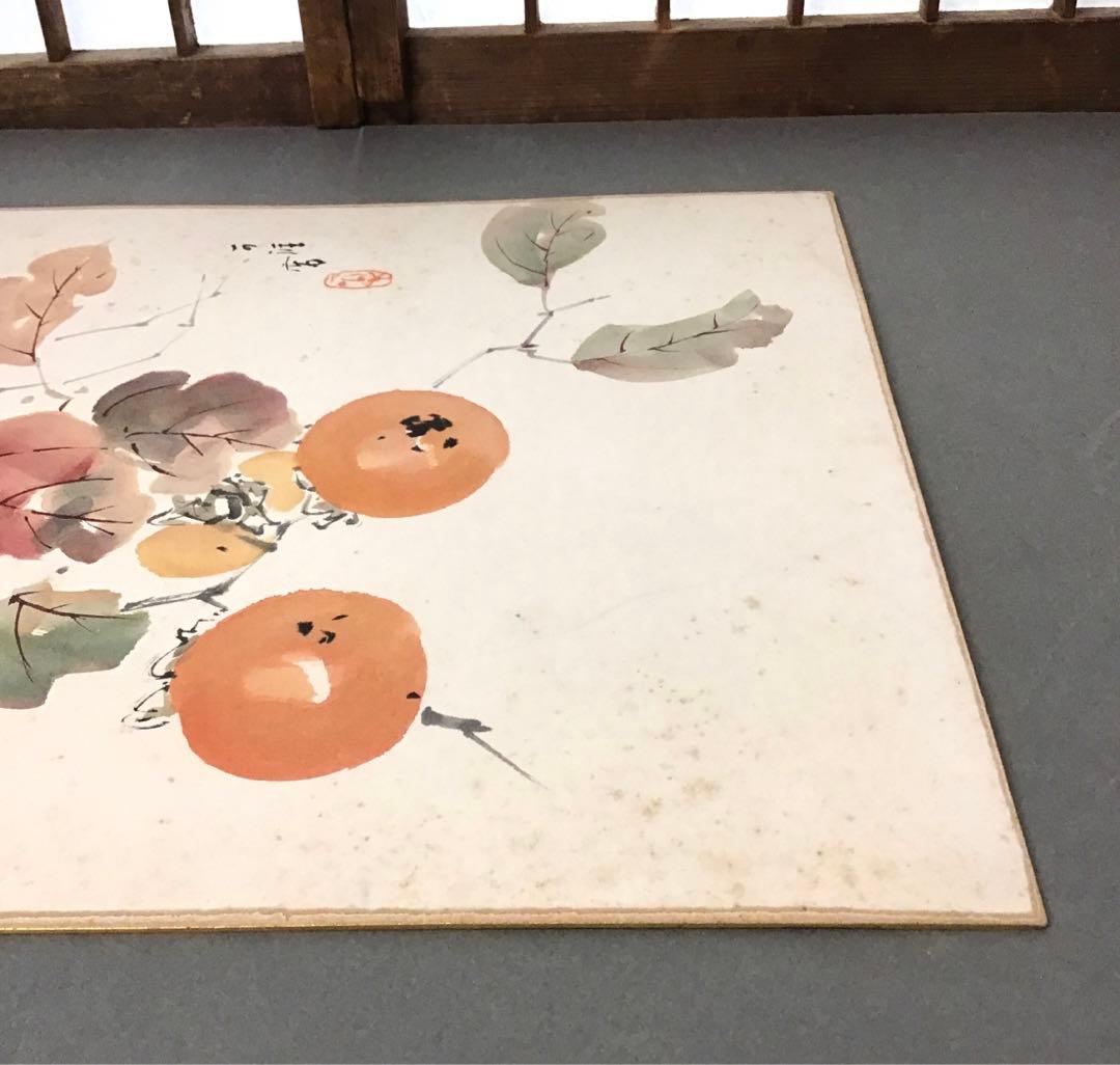 アンティーク　色紙　「柿図」　作者名あり　自作色紙たとう　S207SS