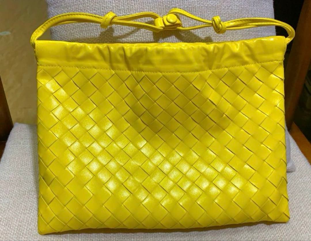 イエロー 編み込み 巾着型 ショルダーバッグ