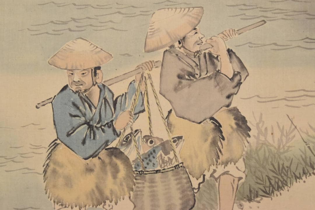 【真作】矢野南景/宍道湖風景図/魚売の図/山水人物図/掛軸/名家伝来AA-911